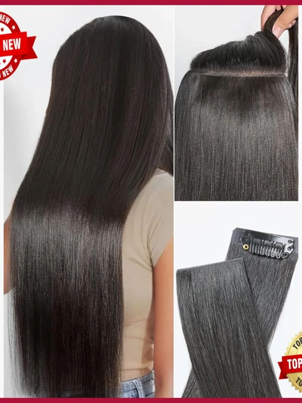16 Inch Human Hair Clip In Extensions, 110g 6Pcs, Yaki Straight, Invisible Weft